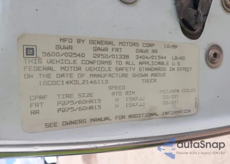 1990 Chevrolet Gmt-400 C1500 из США, поврежденный, VIN 1GCDC14K3LZ146113